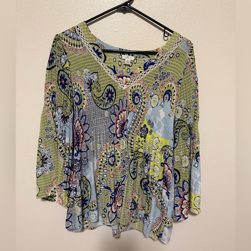 Spense Vibrant Paisley Floral V-Neck Blouse | Size M | Multicolor Boho Top